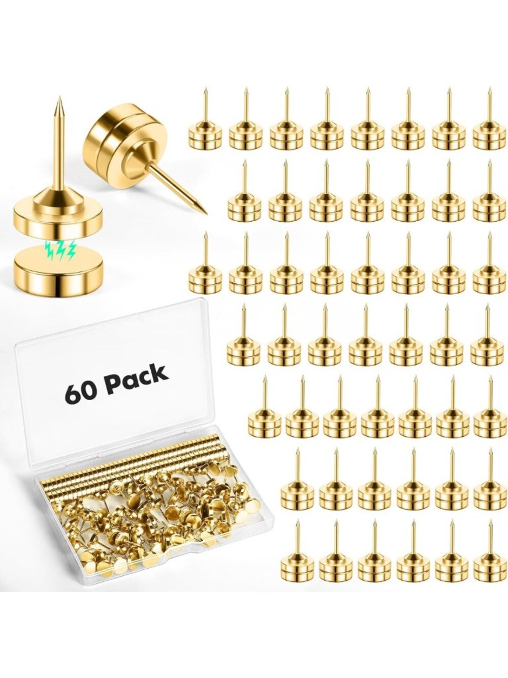 60 Sets of Gold Magnetic Push Pins - Cute Decorative Thumb Tacks for Corkboard